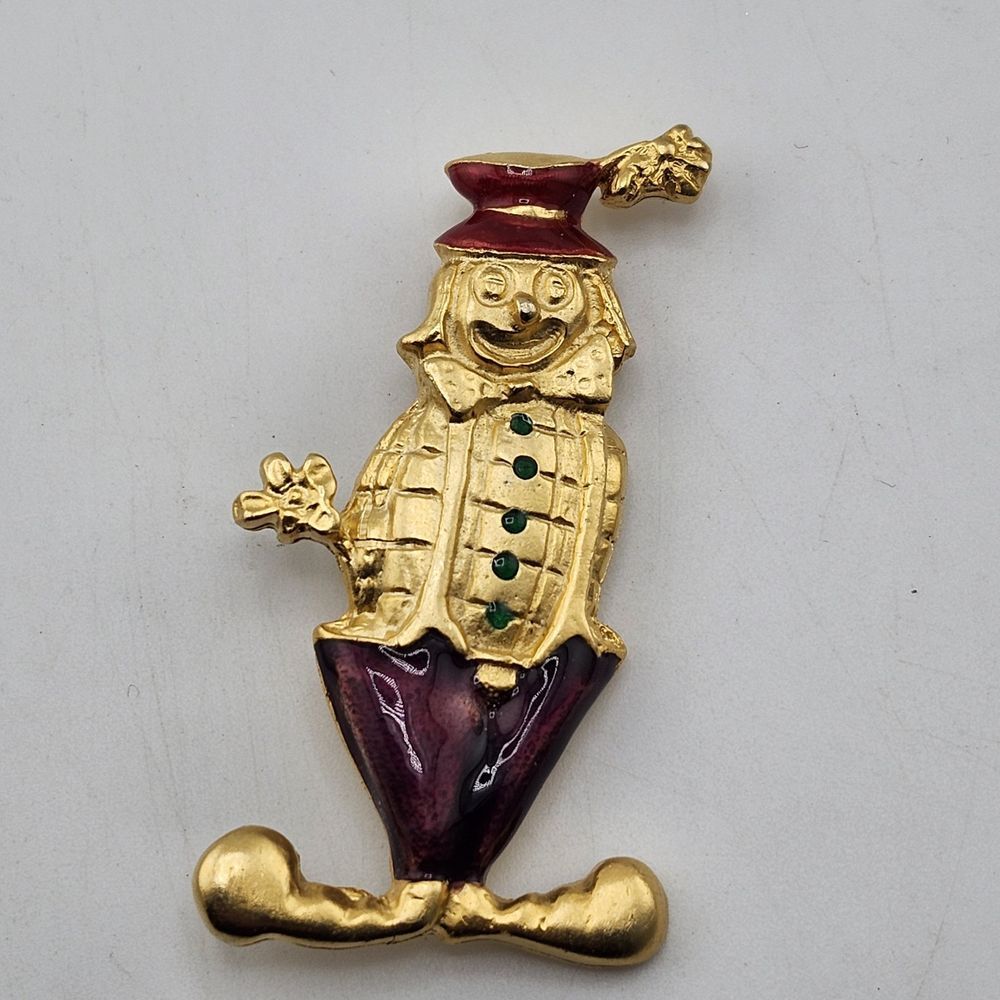 Vintage Gold Tone Clown Brooch Purple Red Green Enamel